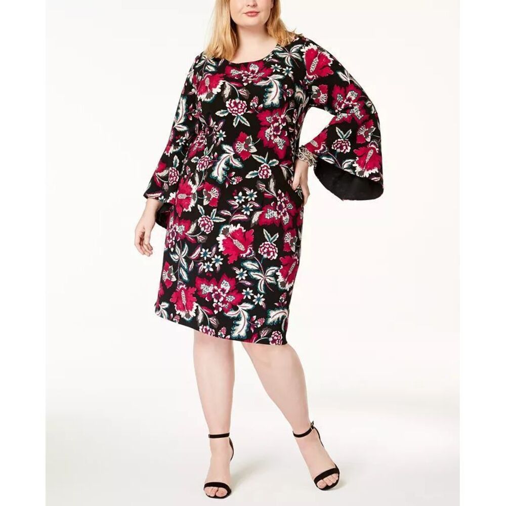 INC‎ Dress Black/Pink Floral Whimsigoth Fairy Cottage Bell Sleeves Cocktail  XL